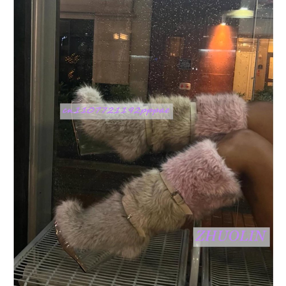 Winter Fashion Women Boots - Sepatu Bot Wedge Transparan Berbulu Musim