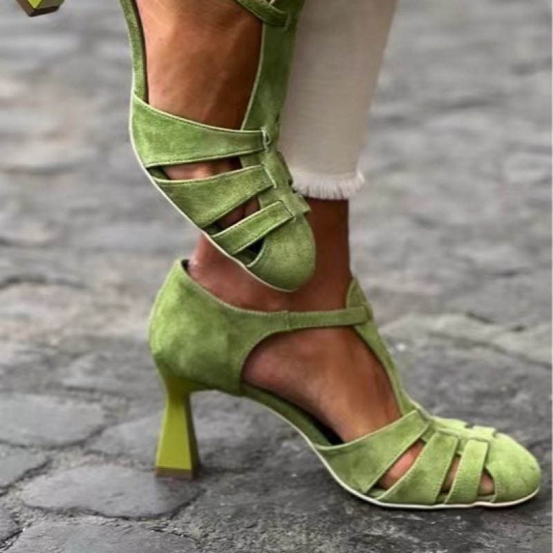Spaghetti Strap Dress - Sandal Wanita Hijau Suede Kitten Heel