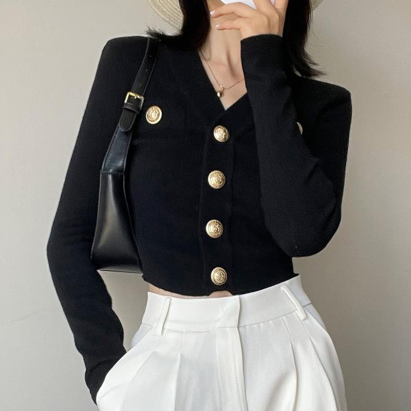 Women'S Fashion From The 90S - Kardigan Rajut Depan Kancing Emas Jaket